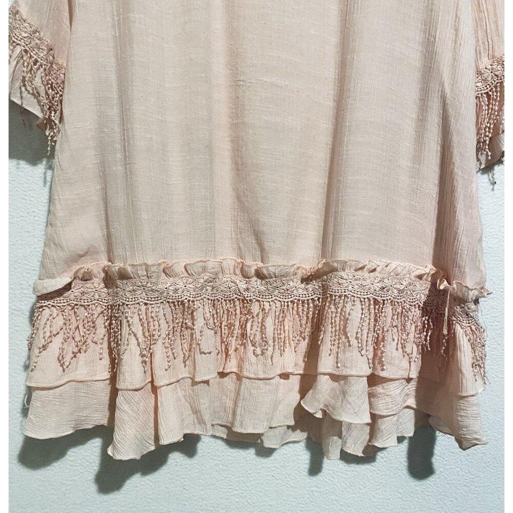 Indigo Soul Top Womens XL Pink Gauzy Ruffle Lace Fringe Cottagecore Romantic - Picture 2 of 7